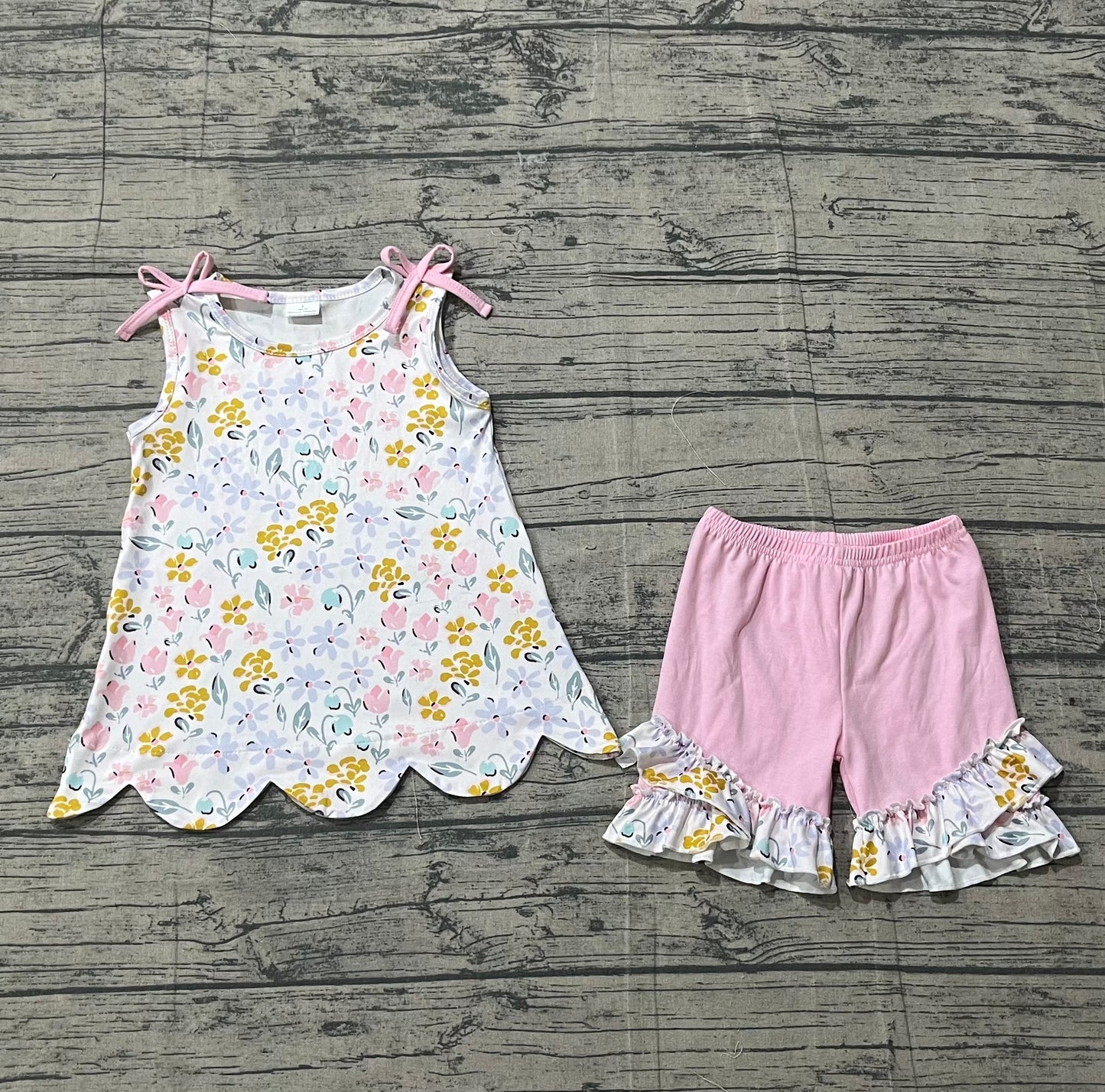 GSSO3392 Preorder Sample Baby Girl Sleeveless Colorful Flowers Tunic Ruffle Shorts Clothes Set