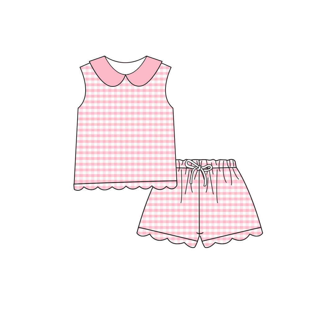 GSSO3394 Preorder Baby Girls Sleeveless Pink Checked Collar Top Scallop Shorts Clothes Set