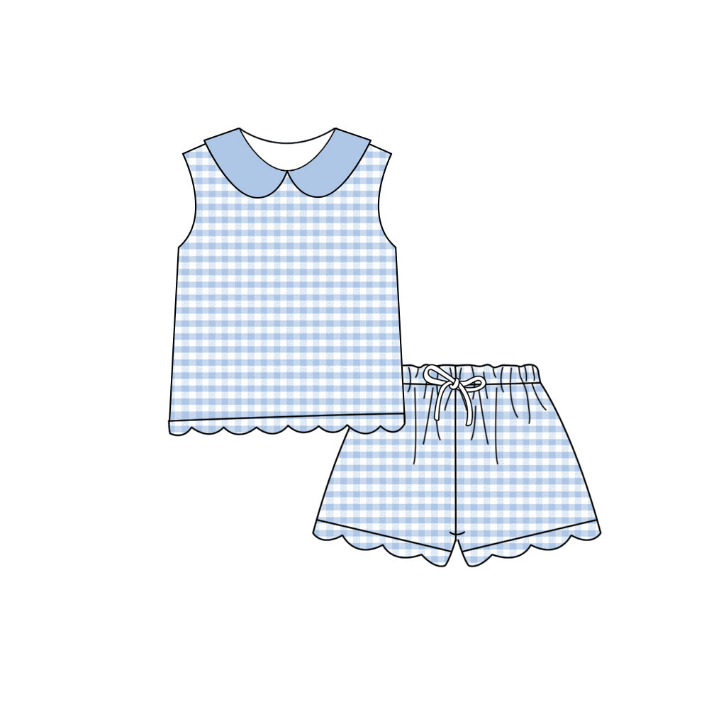 GSSO3397 Preorder Baby Girls Sleeveless Blue Checked Collar Top Scallop Shorts Clothes Set