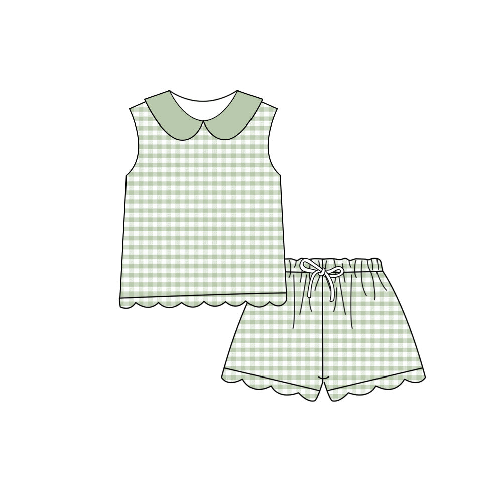 GSSO3398 Preorder Baby Girls Sleeveless Green Checked Collar Top Scallop Shorts Clothes Set