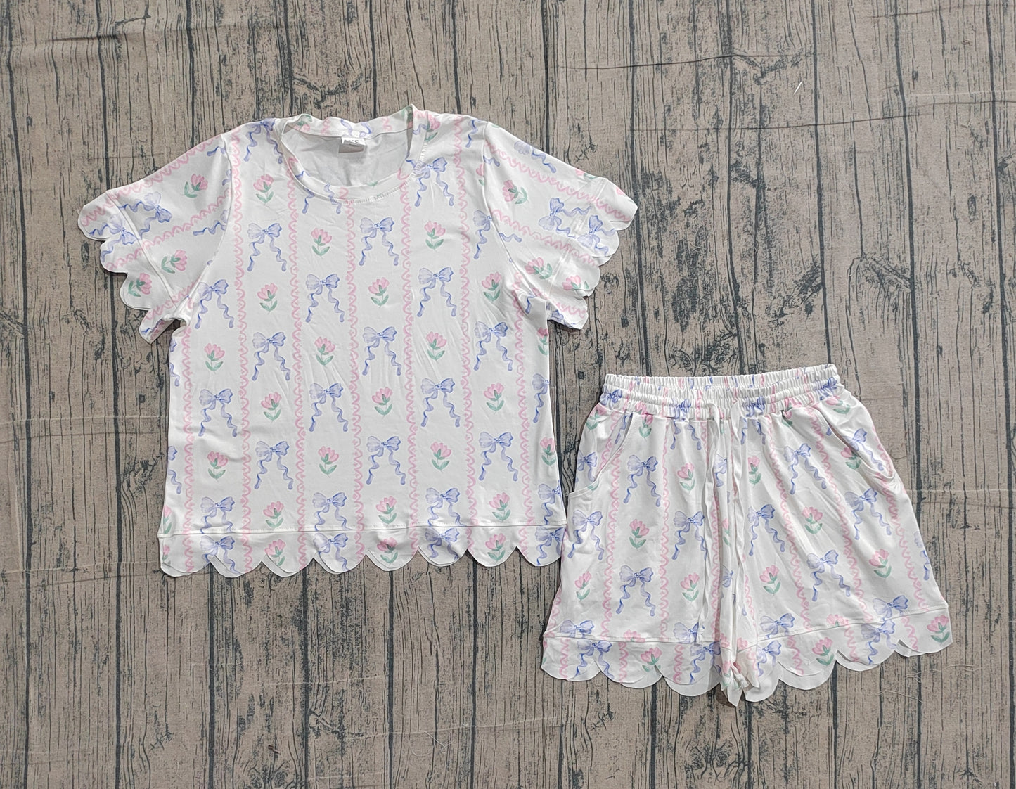 GSSO3405 Preorder Sample Adult Women Bows Flowers Stripe Top Scallop Short Clothes Sets