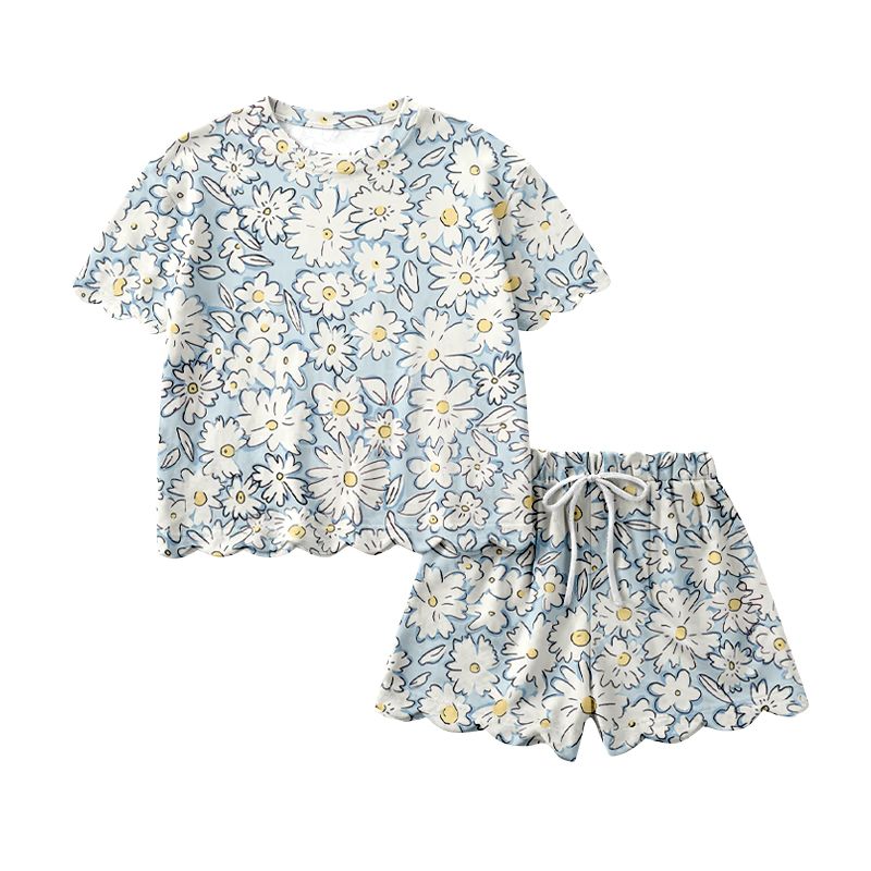 GSSO3406 Preorder Adult Women Colorful Flowers Top Scallop Short Clothes Sets