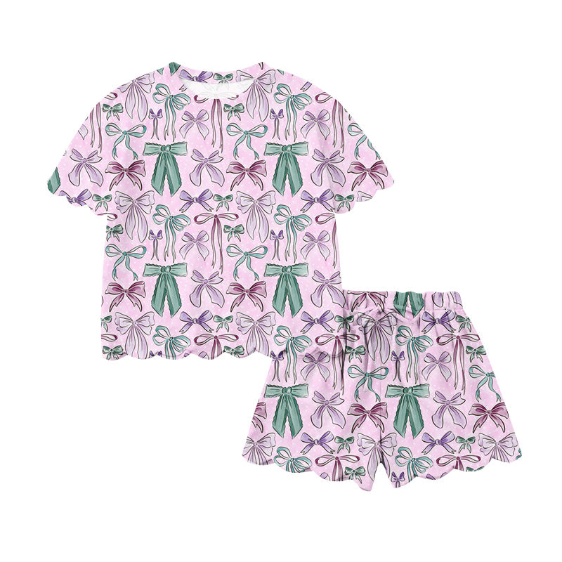 GSSO3409 Preorder Baby Girls Pink Green Bows Plaid Top Scallop Shorts Clothes Set