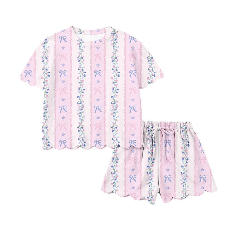 GSSO3410 Preorder Baby Girls Flowers Bows Stripe Top Scallop Shorts Clothes Set