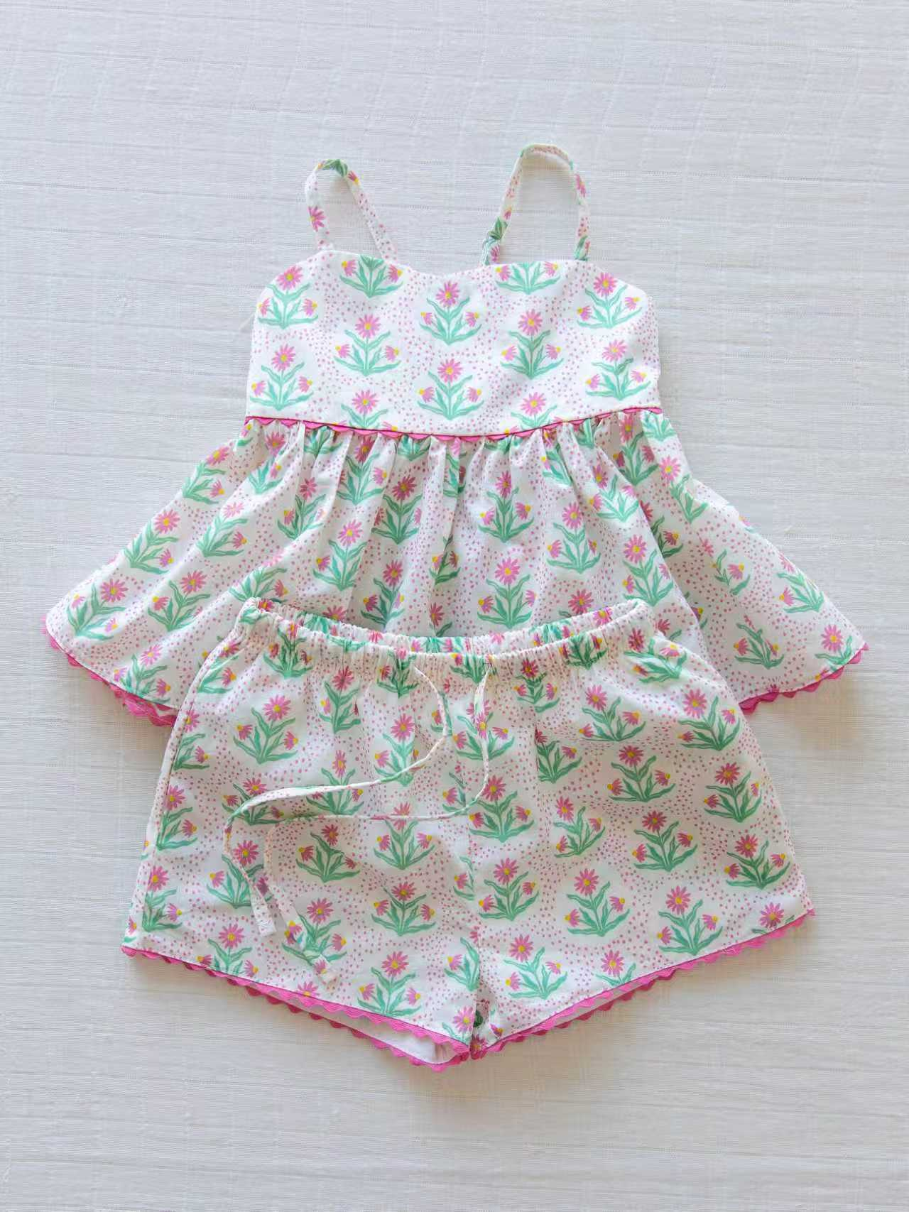 GSSO3415 Preorder Baby Girl Strap Pink Flowers Tunic Short Clothes Sets