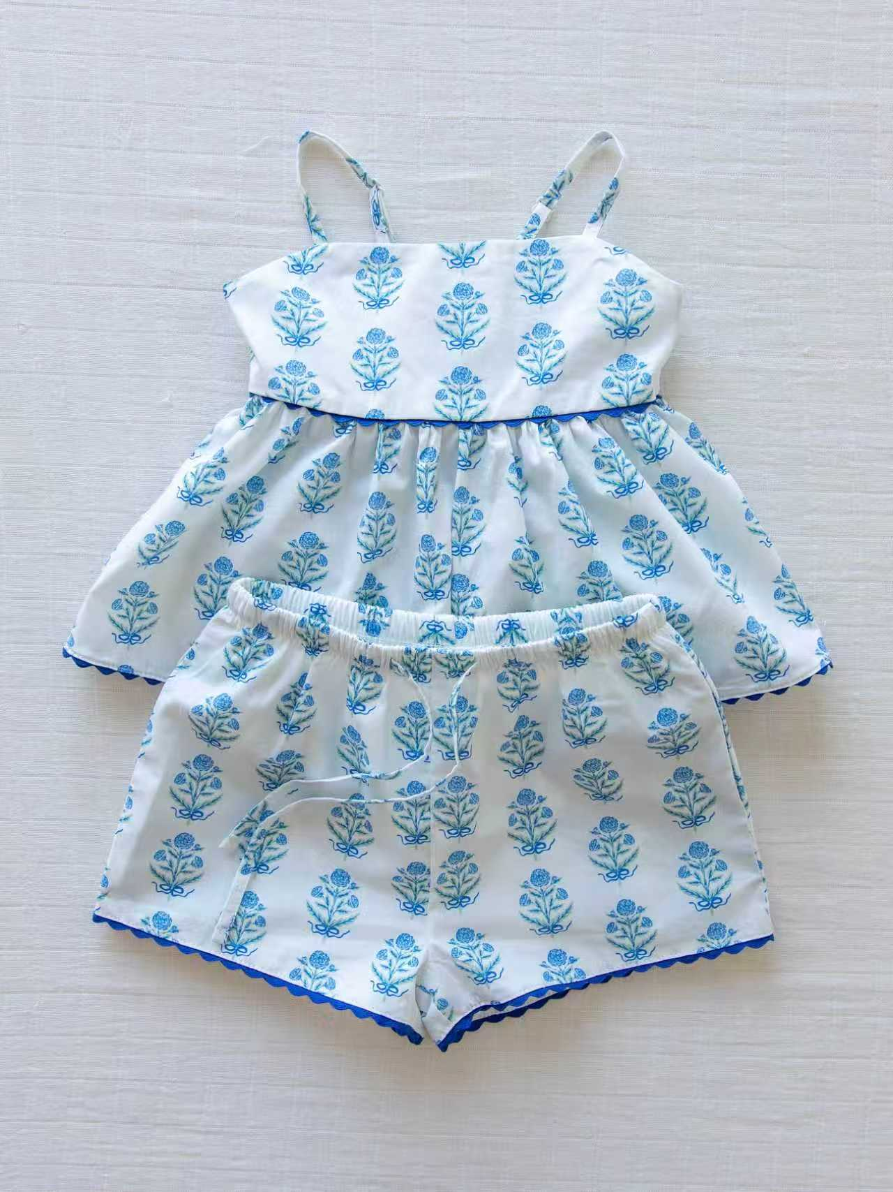 GSSO3416 Preorder Baby Girl Blue Checked Strap Tunic Short Clothes Sets