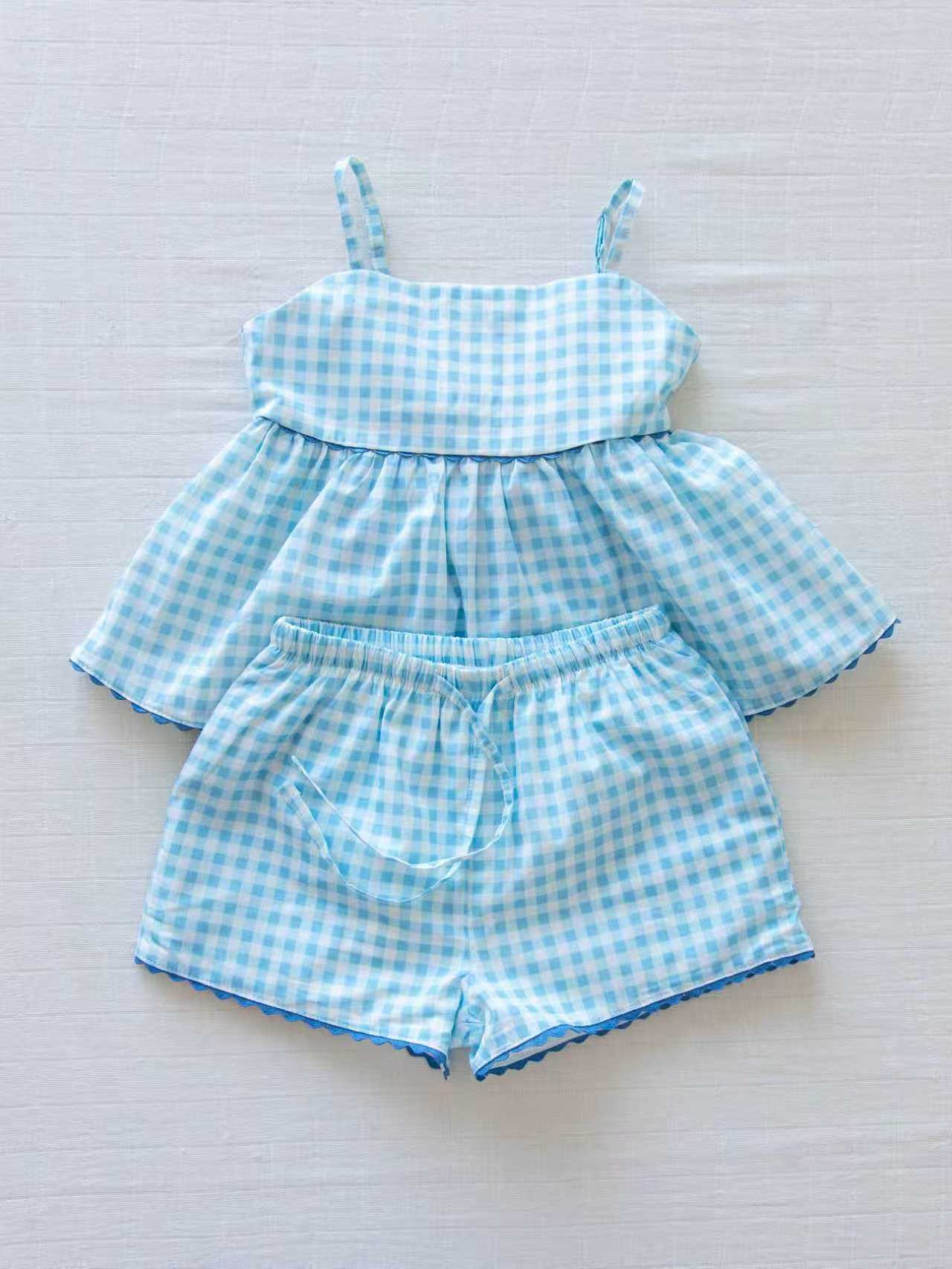 GSSO3418 Preorder Baby Girl White Polka Dots Blue Strap Shorts Set