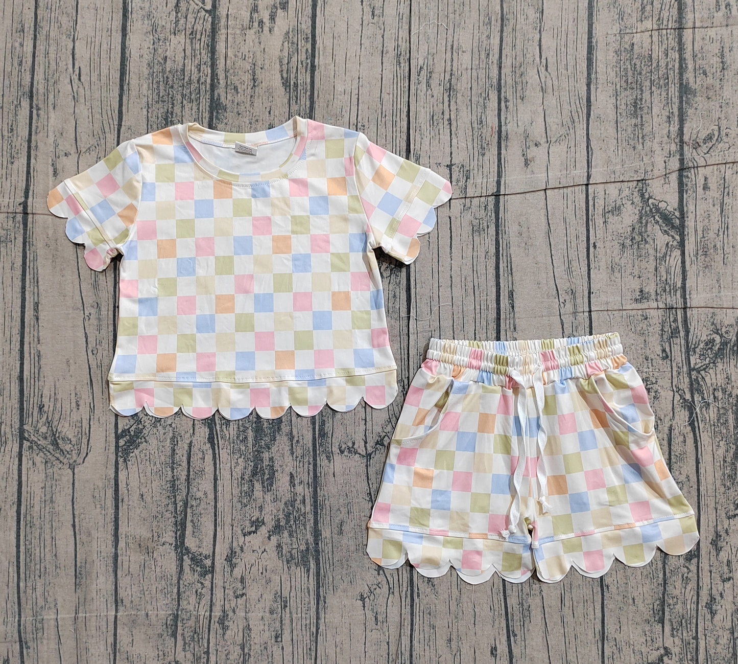 GSSO3419 Preorder Sample Baby Girl Colorful Checked Top Scallop Shorts Clothes Set