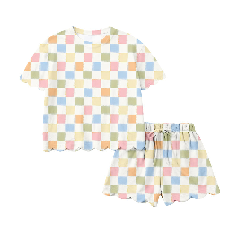GSSO3419 Preorder Baby Girl Colorful Checked Top Scallop Shorts Clothes Set