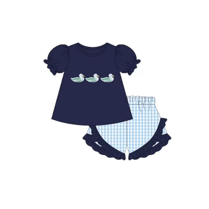 GSSO3423 Preorder Baby Girl Navy Ducks Tunic Checked Ruffle Short Hunting Clothes Sets