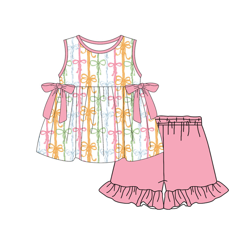 GSSO3425 Preorder Baby Girl Colorful Bows Stripe Tunic Ruffle Shorts Clothes Set