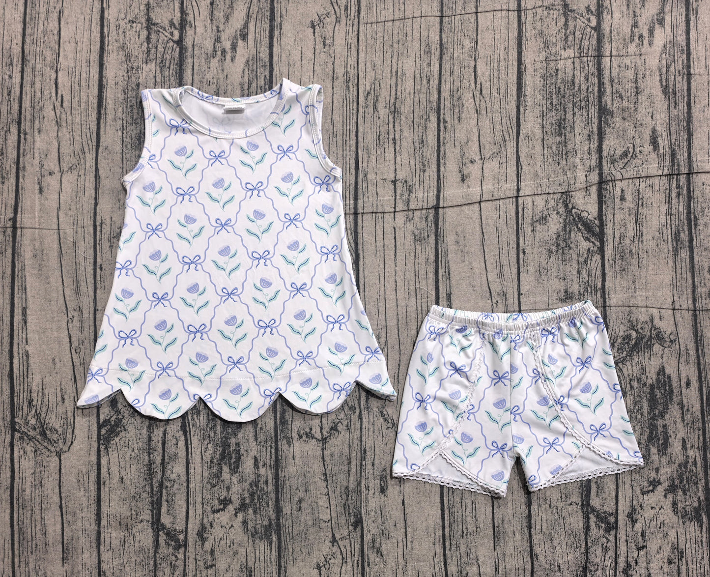 GSSO3426 Preorder Sample Baby Girl Blue Bow Flowers Checked Tunic Ruffle Shorts Clothes Set