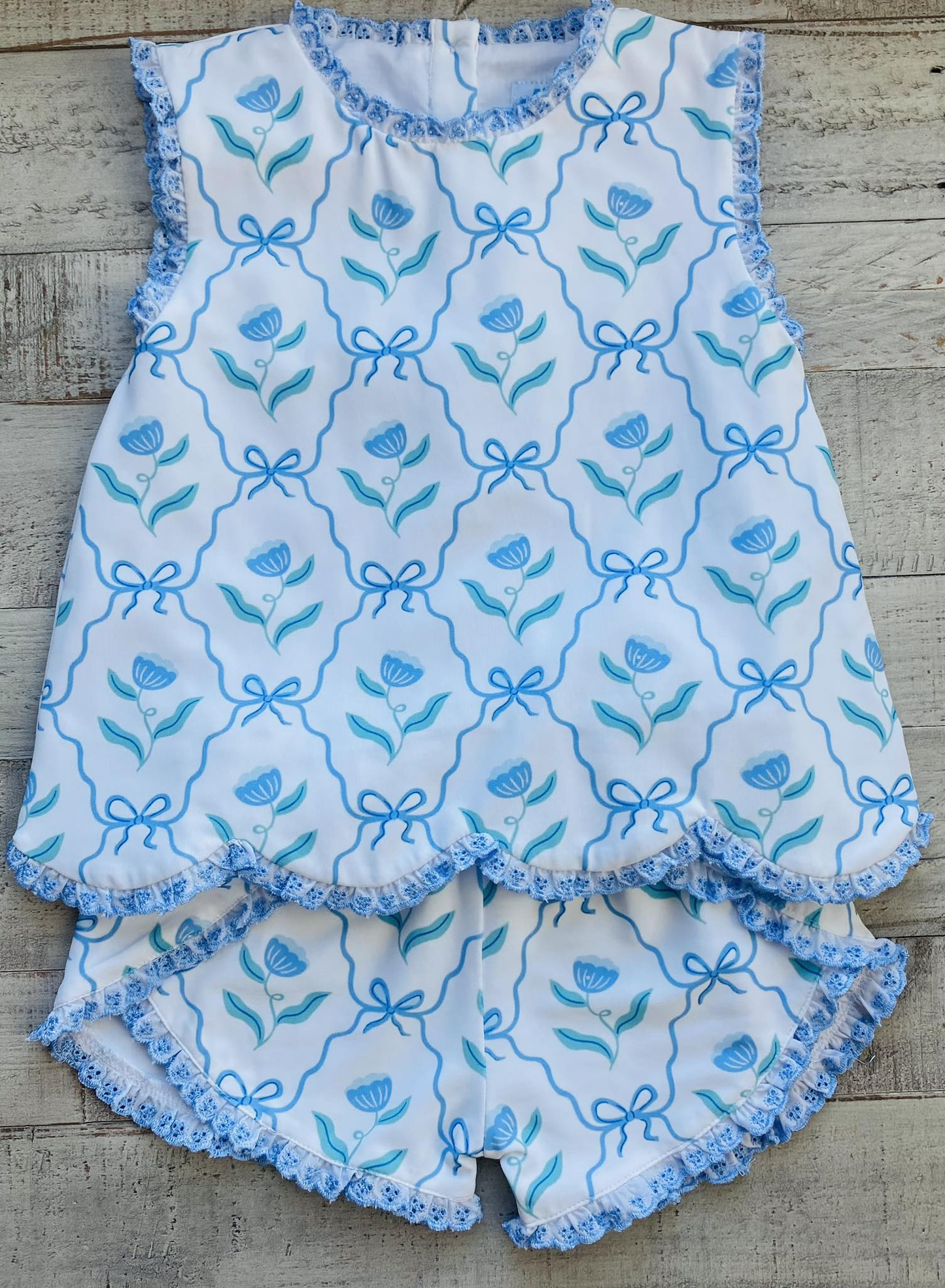 GSSO3426 Preorder Baby Girl Blue Bow Flowers Checked Tunic Ruffle Shorts Clothes Set