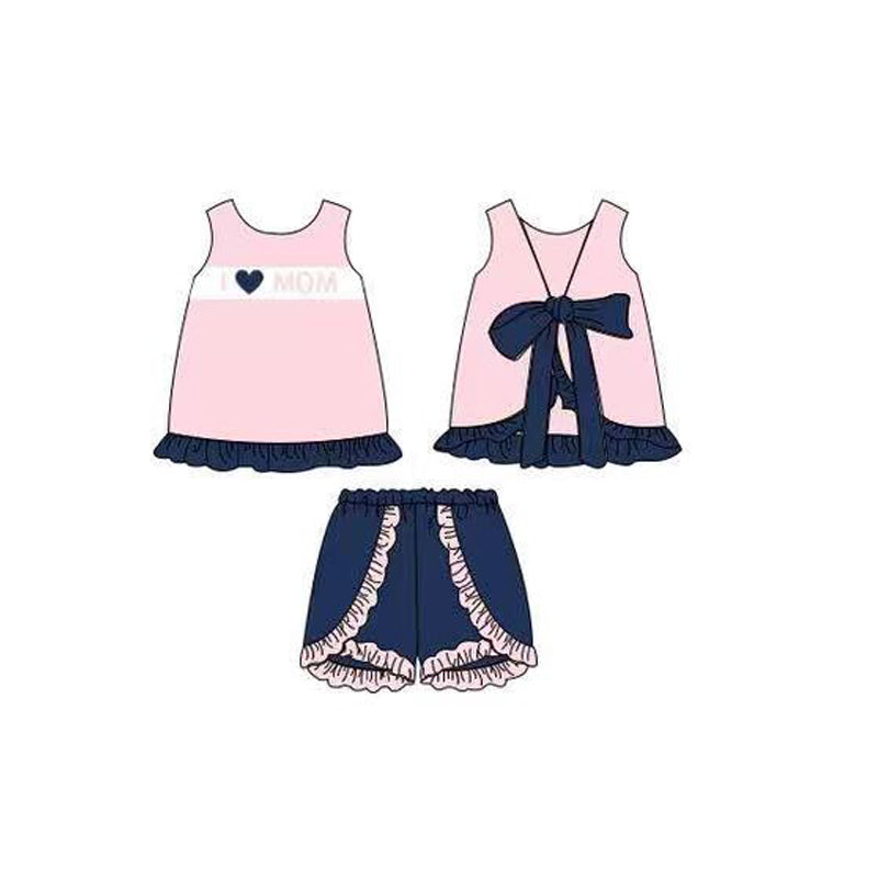 GSSO3427 Preorder Baby Girl I Love Mom Back Bow Tunic Ruffle Shorts Clothes Set
