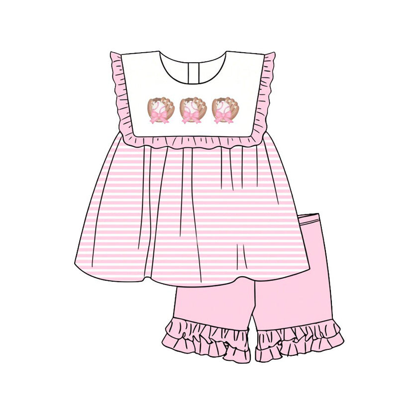GSSO3430 Preorder Baby Girl Sleeveless Baseballs Stripe Tunic Ruffle Short Team Clothes Sets