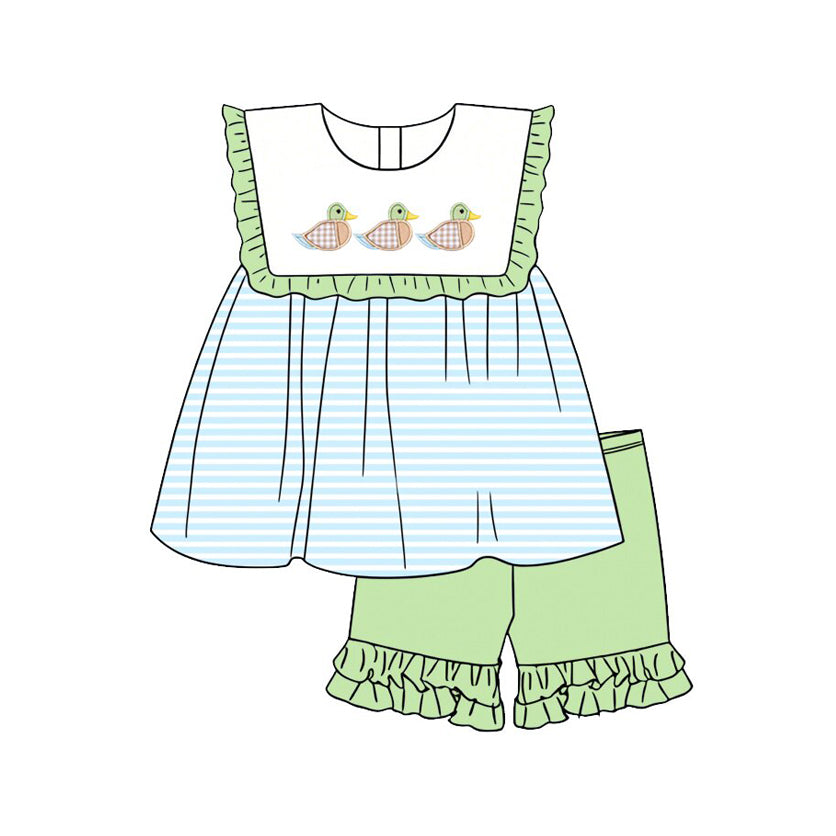 GSSO3431 Preorder Baby Girl Sleeveless Ducks Stripe Tunic Ruffle Short Clothes Sets