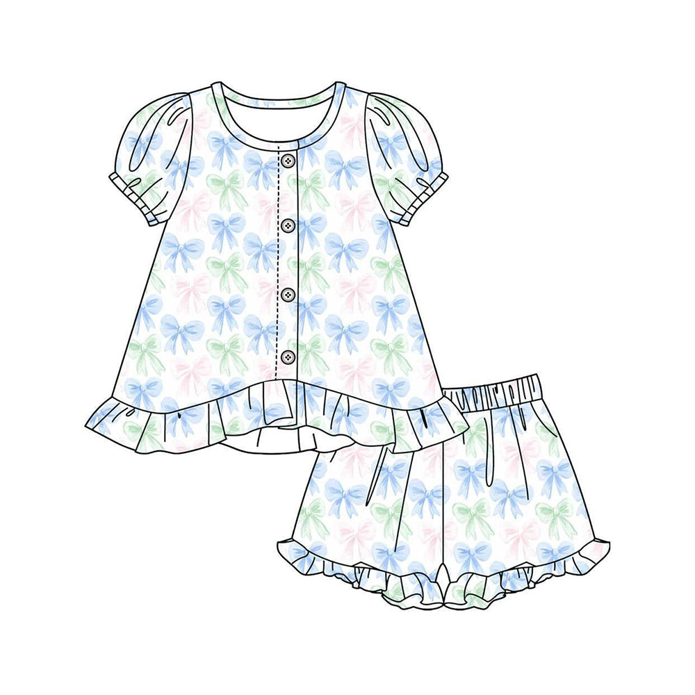 GSSO3434 Preorder Baby Girl Colorful Bows Plaid Button Tunic Ruffle Short Clothes Sets