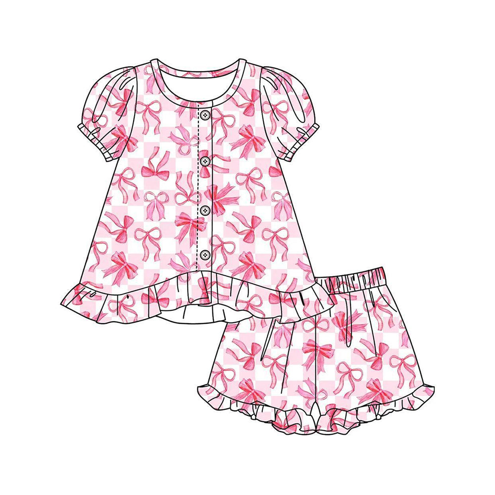 GSSO3436 Preorder Baby Girl Pink Checked Bows Button Tunic Ruffle Short Clothes Sets