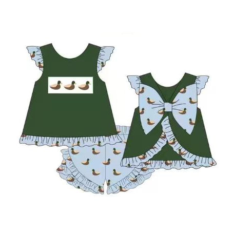 GSSO3437 Preorder Baby Girl Green Ducks Back Bows Tunic Ruffle Short Hunting Clothes Sets