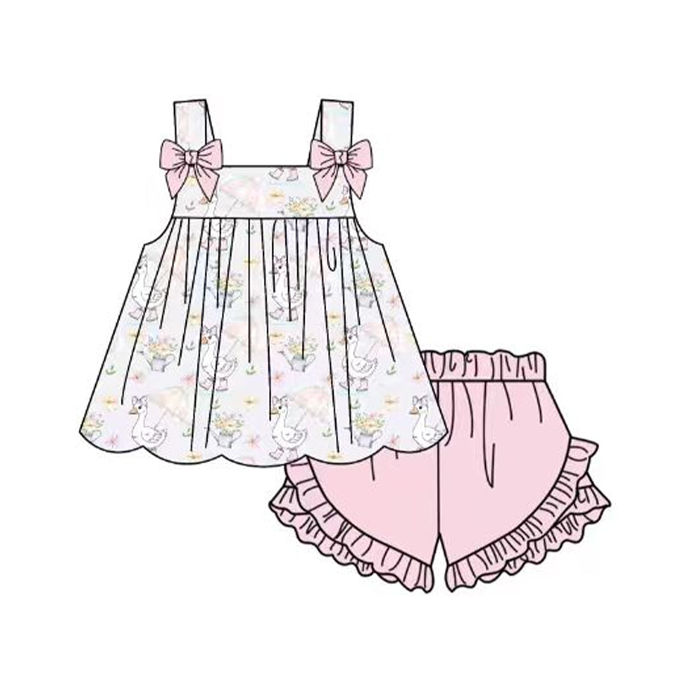 GSSO3438 Preorder Baby Girl Strap Pink Flowers Goose Tunic Ruffle Short Clothes Sets
