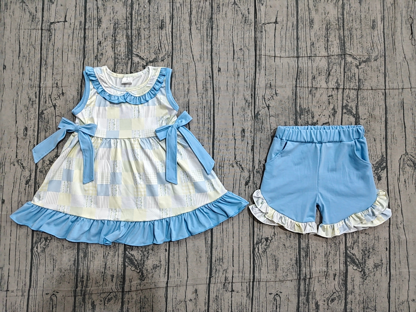 GSSO3439 Preorder Sample Baby Girls Sleeveless Collar Checked Tunic Ruffle Short Clothes Sets