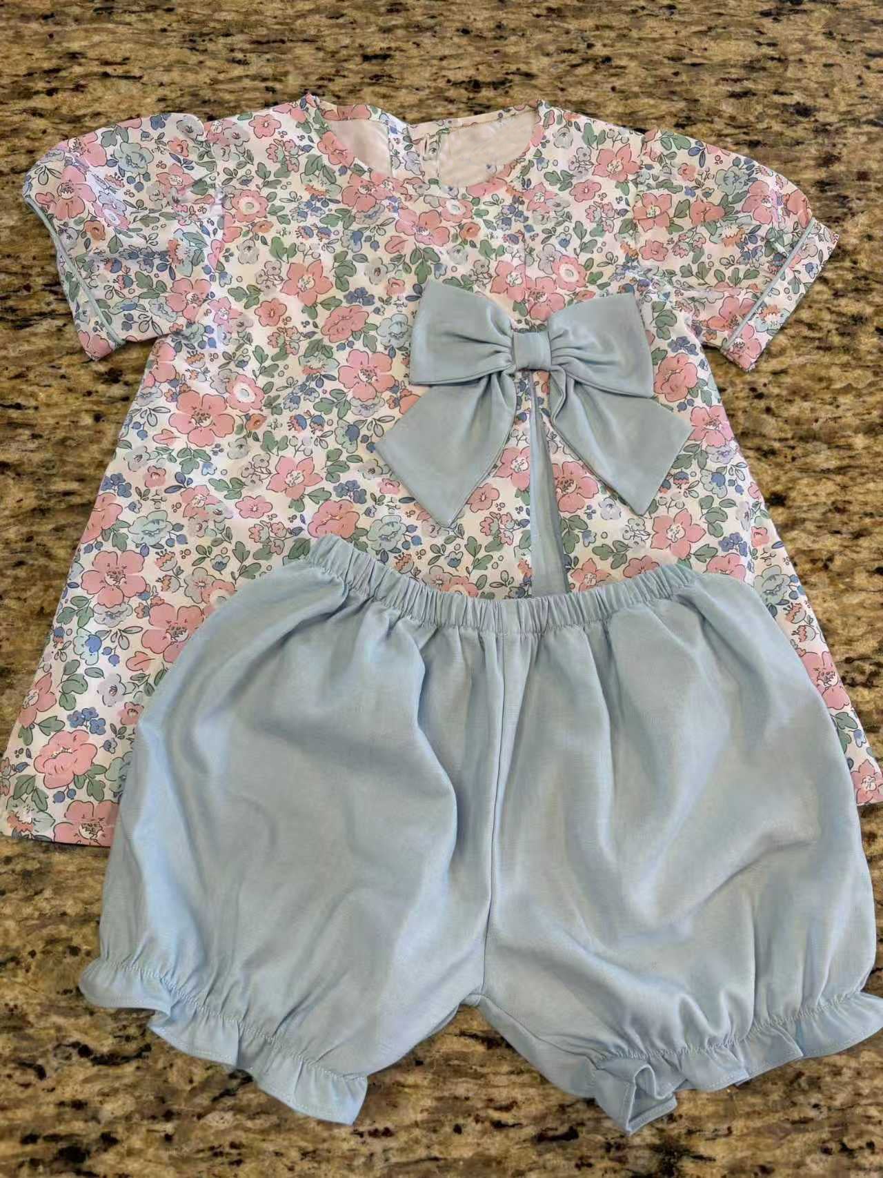 GSSO3447 Preorder Baby Girl Short Sleeve Pink Flowers Tunic Ruffle Short Clothes Sets