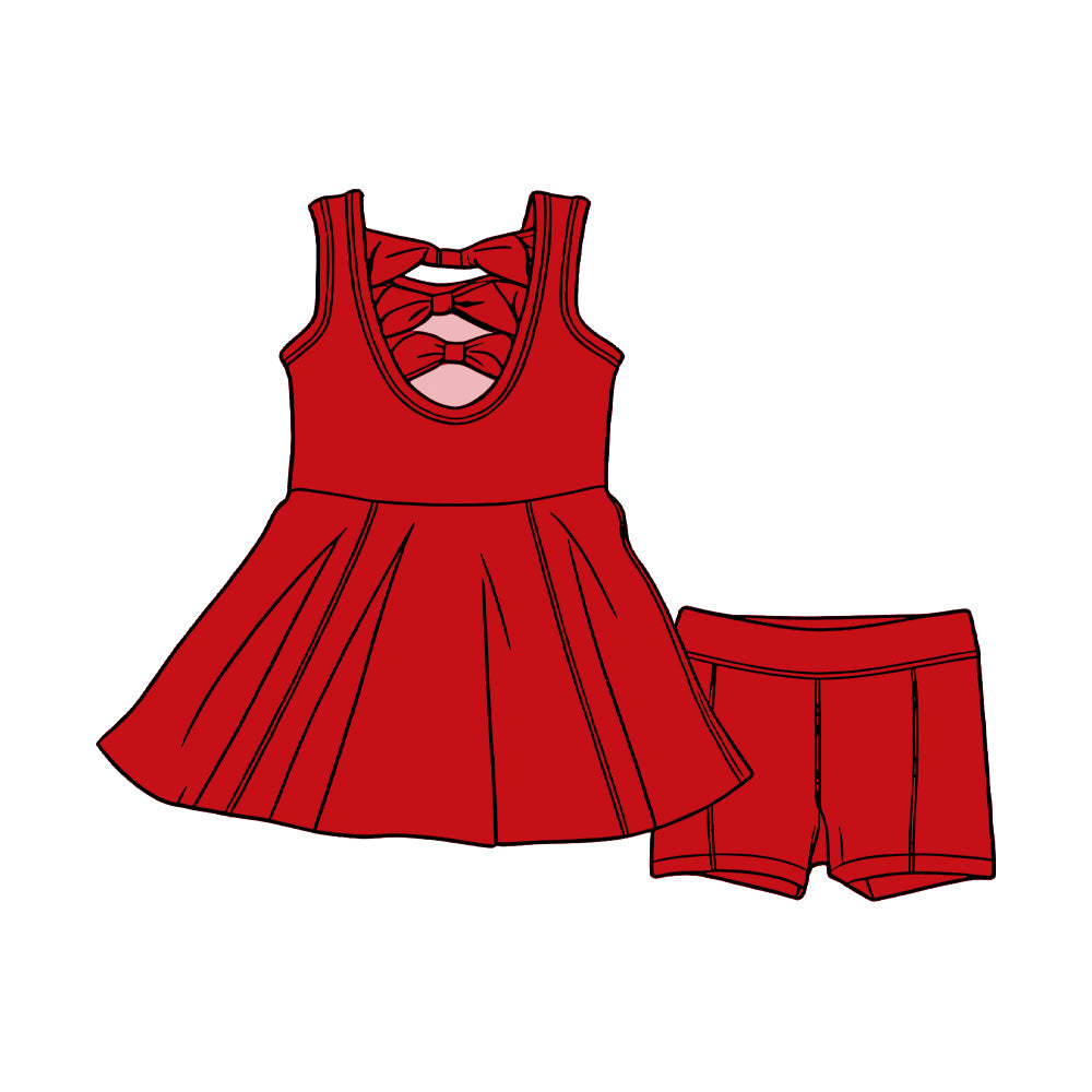 GSSO3453 Preorder Baby Girl Red Sleeveless Back Bows Tunic Shorts Clothes Sets