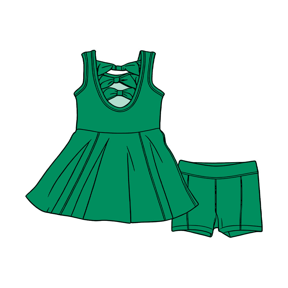 GSSO3458 Preorder Baby Girls Green Sleeveless Back Bows Tunic Shorts Clothes Sets