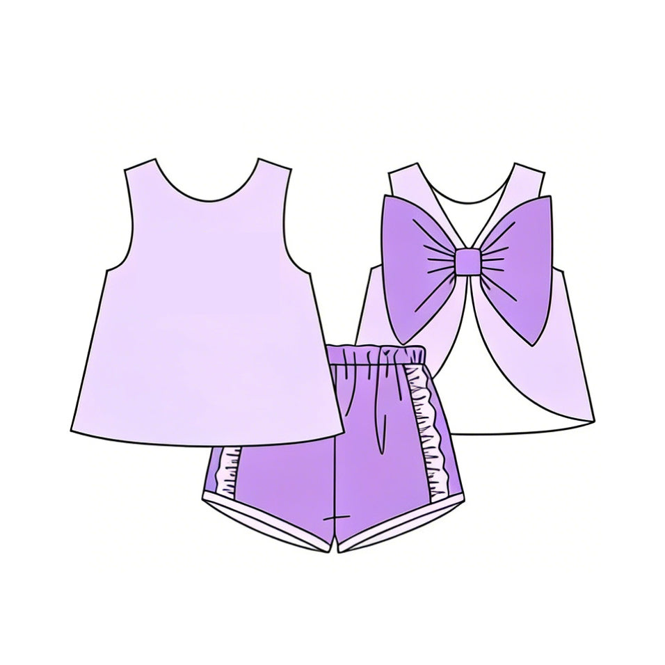 GSSO3461 Preorder Baby Girl Lavender Sleeveless Back Bows Tunic Ruffle Shorts Clothes Sets