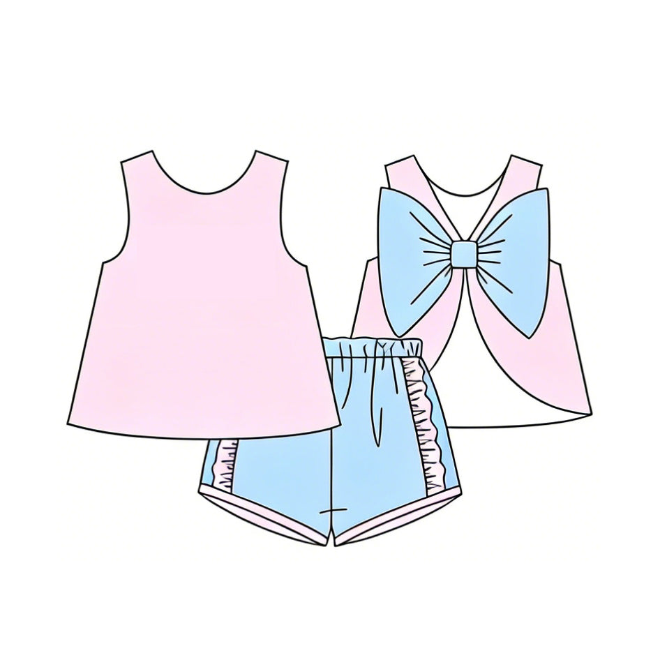 GSSO3462 Preorder Baby Girl Light Pink Sleeveless Back Bows Tunic Ruffle Shorts Clothes Sets