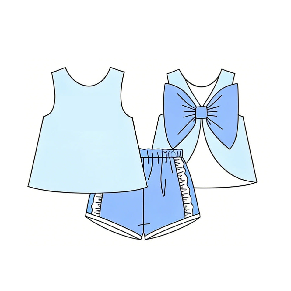 GSSO3463 Preorder Baby Girl Light Blue Sleeveless Back Bows Tunic Ruffle Shorts Clothes Sets