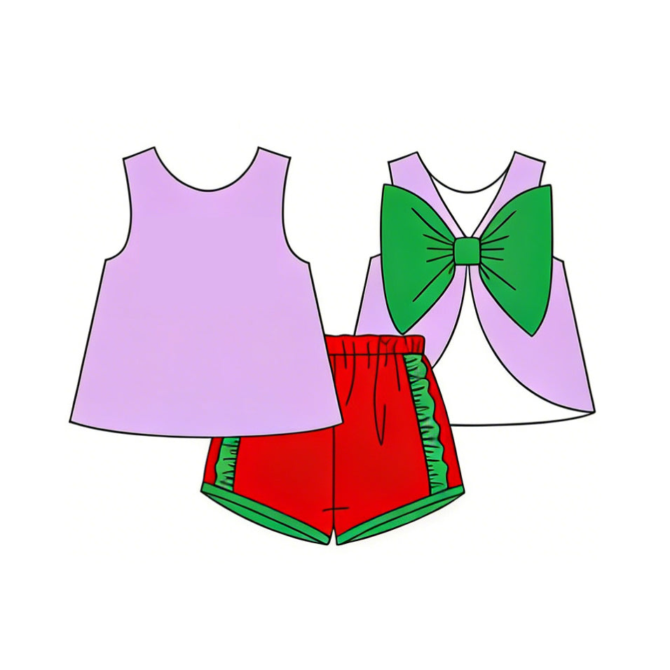 GSSO3465 Preorder Baby Girl Purple Sleeveless Back Bows Tunic Red Shorts Clothes Sets