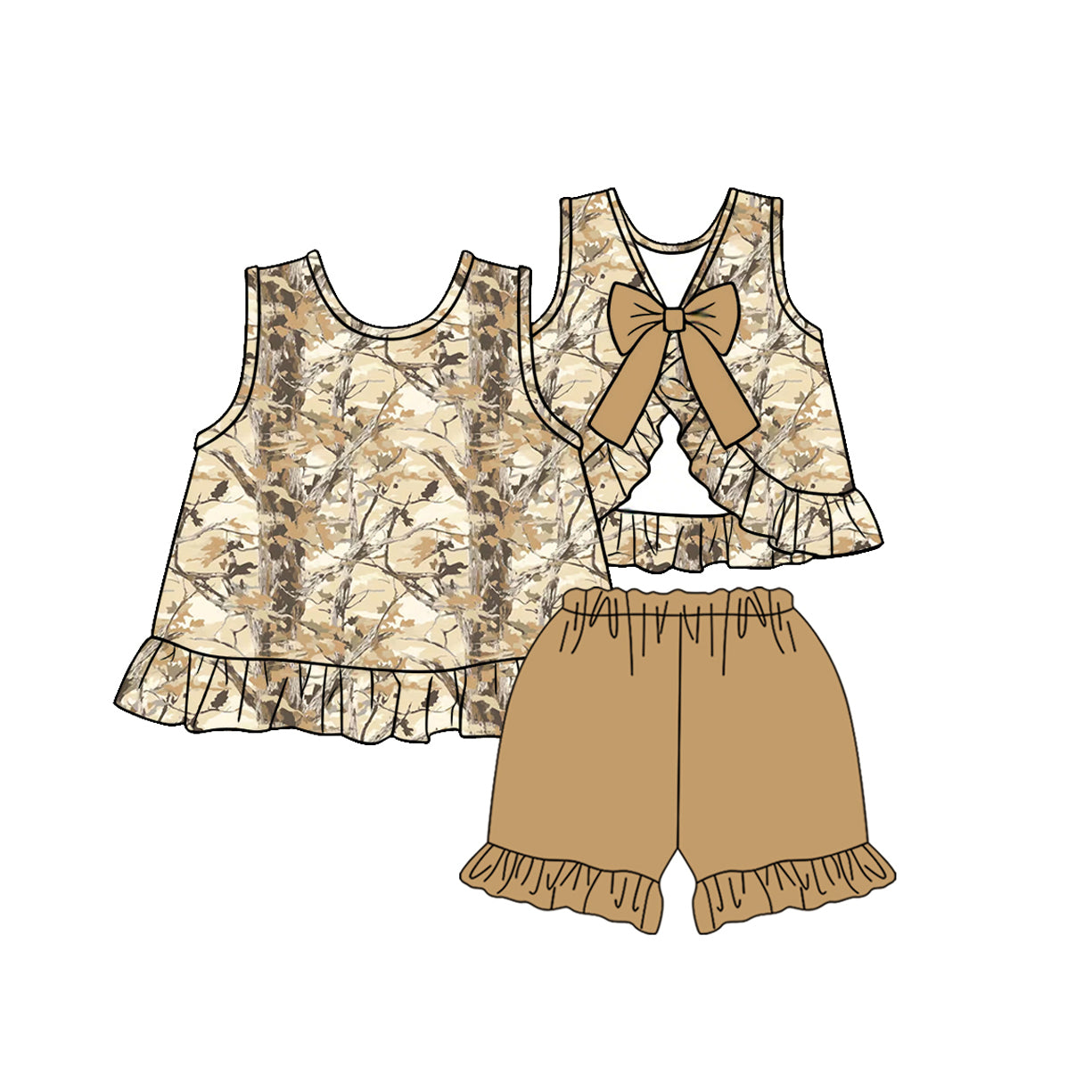 GSSO3467 Preorder Baby Girl Sleeveless Southern Leaves Camo Tunic Ruffle Shorts Clothes Sets