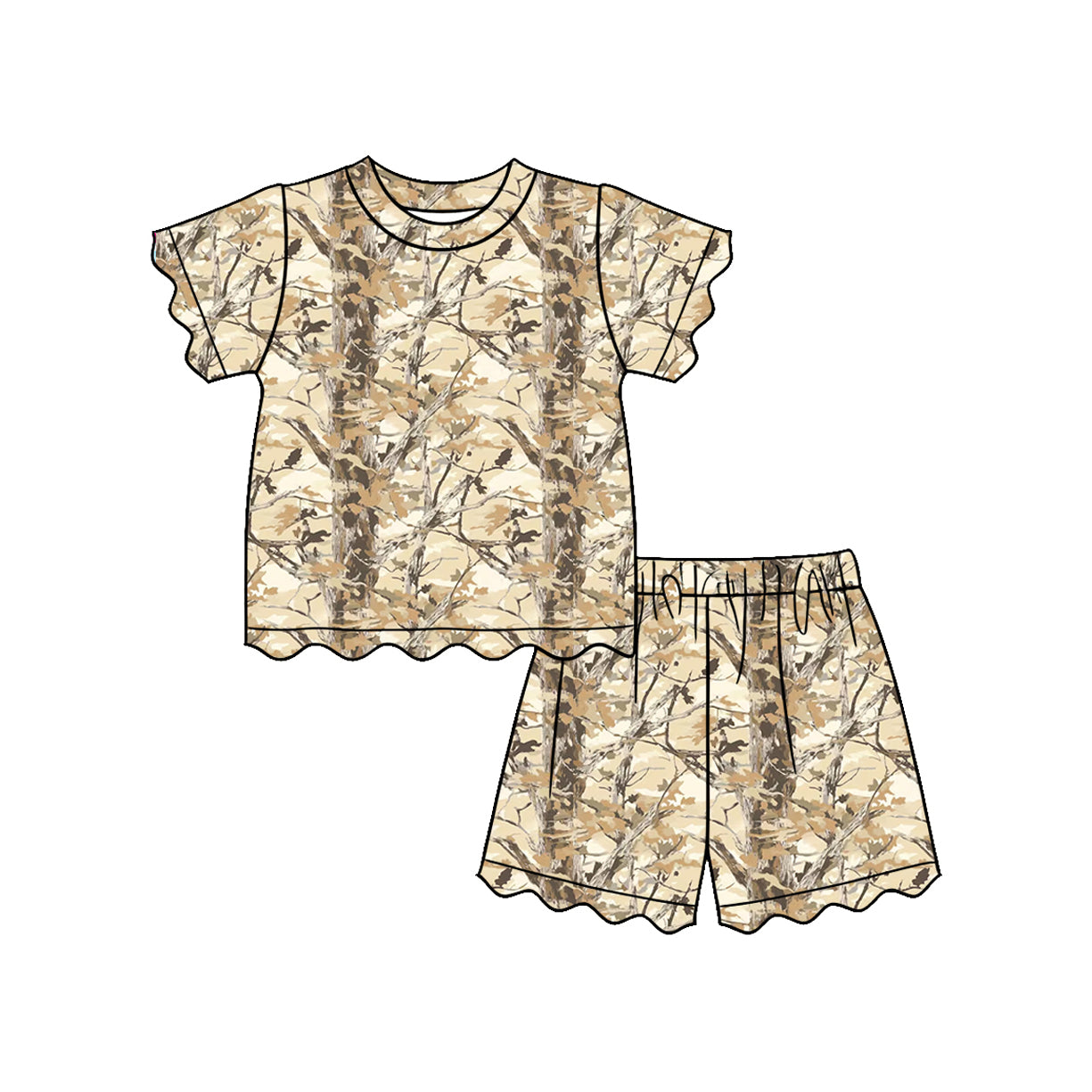 GSSO3469 Preorder Baby Girl Scallop Short Sleeve Southern Leaves Camo Top Shorts Pajamas Sets