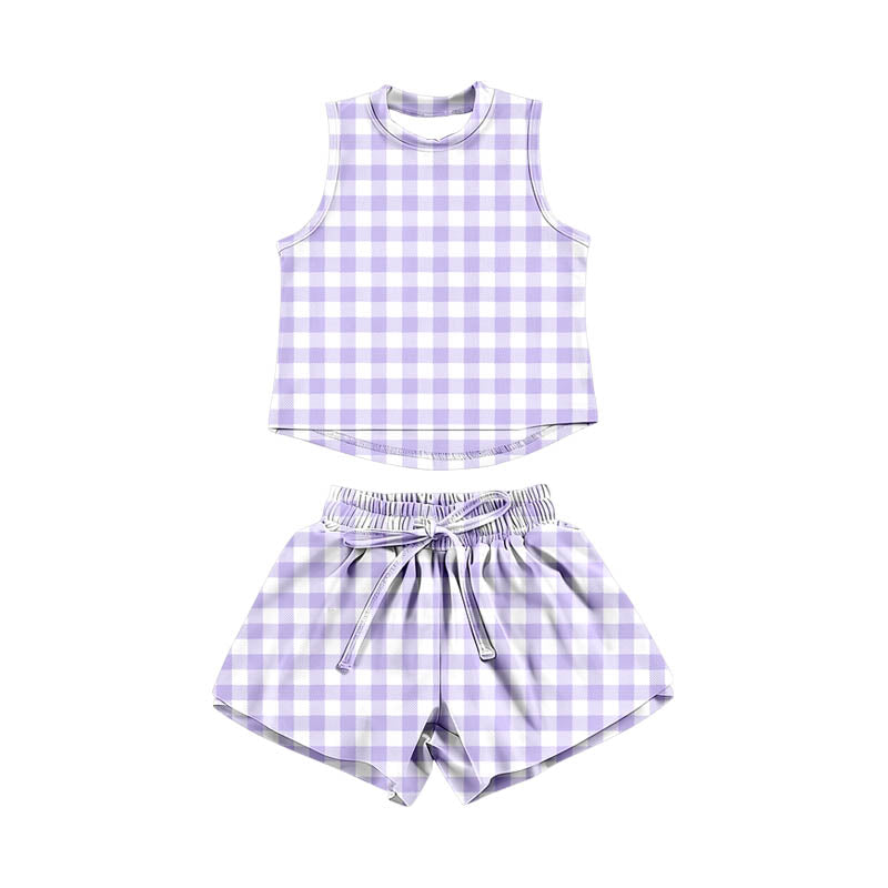GSSO3477 Preorder Baby Girl Lavender Checked Vests Top Short Yoga Active Clothes Set