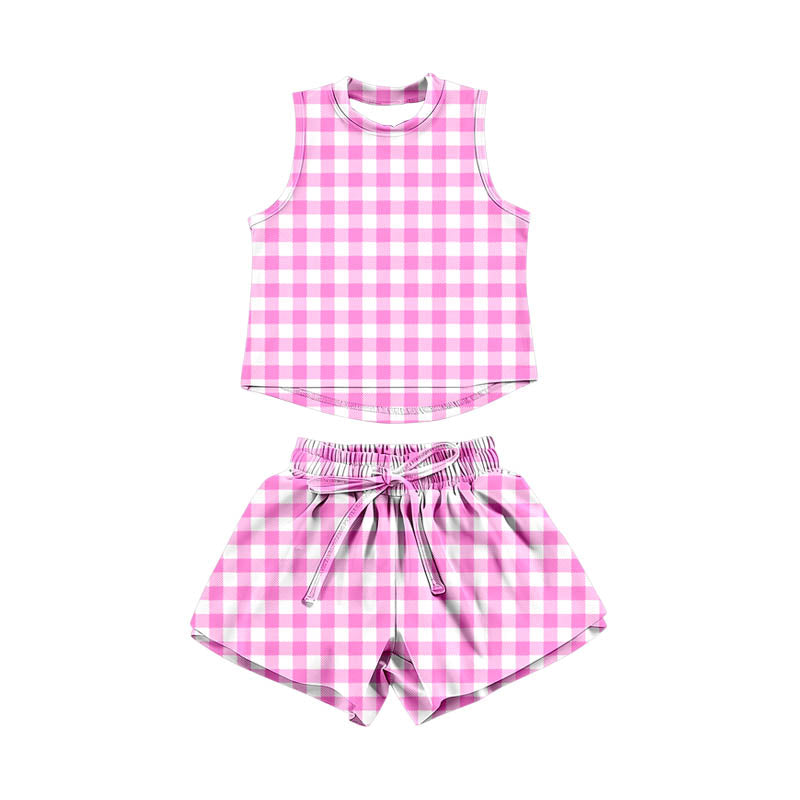 GSSO3478 Preorder Baby Girl Pink Checked Vests Top Short Yoga Active Clothes Set
