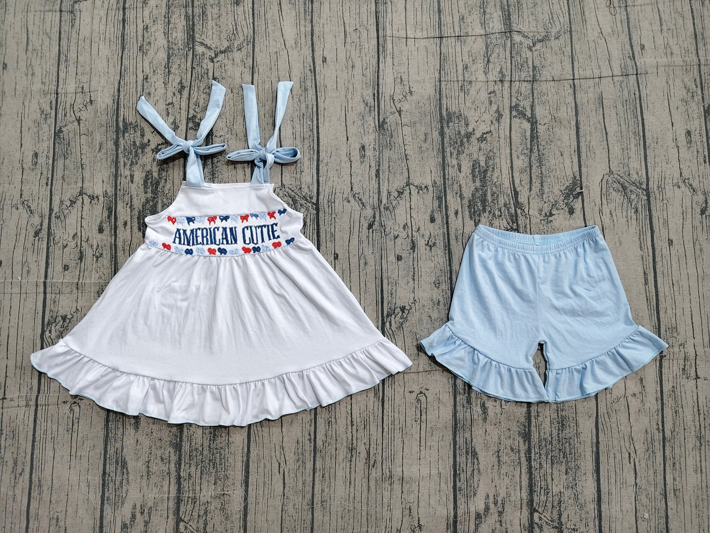GSSO3480 Preorder Sample Embroidery American Cutie Baby Girls Strap Tunic Ruffle Short 4th of July Clothes Sets