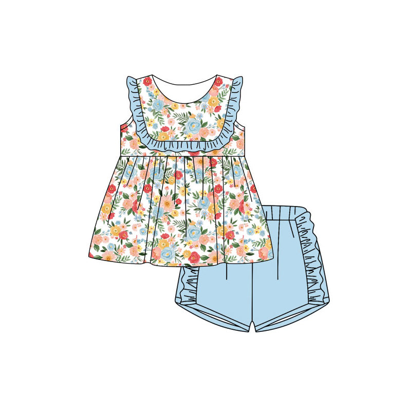 GSSO3481 Preorder Baby Girl Sleeveless Colorful Flowers Tunic Ruffle Short Clothes Sets