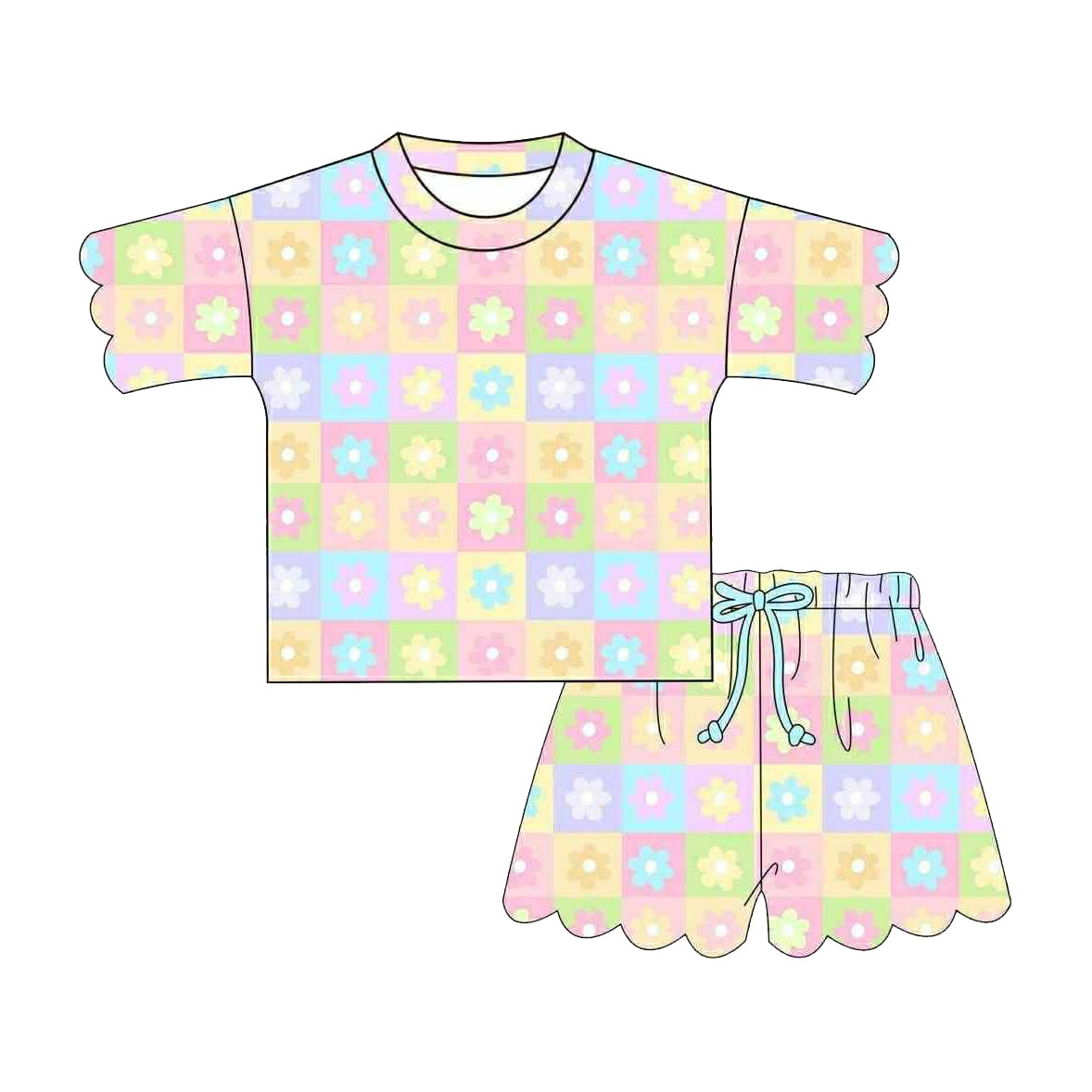 GSSO3482 Preorder Baby Girl Scallop Colorful Flowers Checked Top Short Clothes Sets
