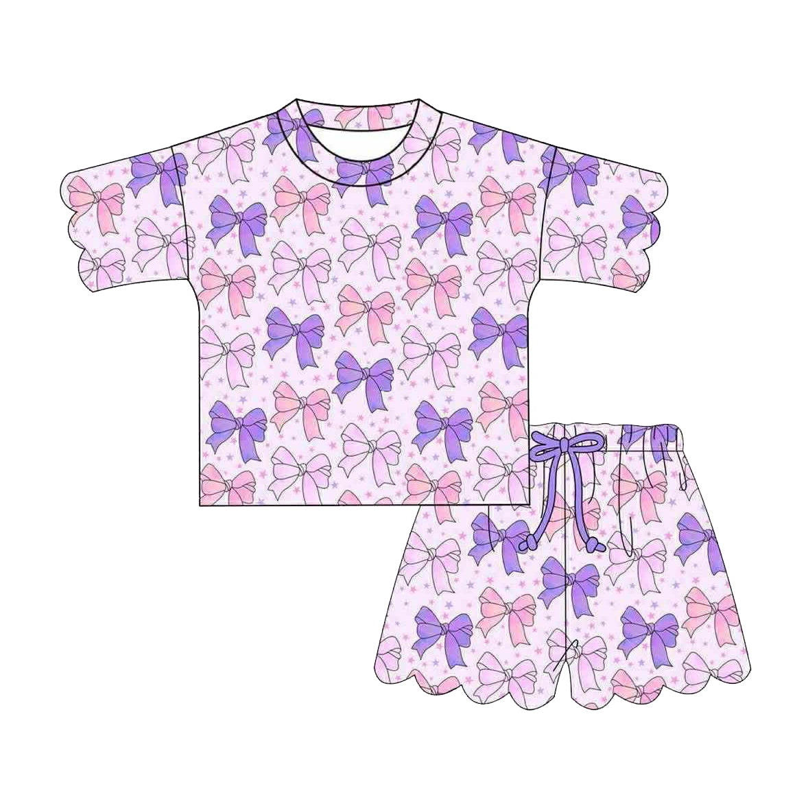 GSSO3483 Preorder Baby Girl Scallop Pink Purple Bows Top Short Clothes Sets
