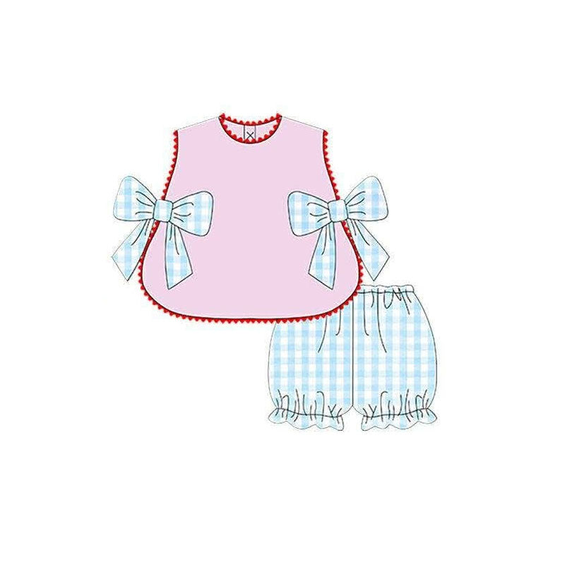 GSSO3486 Preorder Baby Girls Sleeveless Bows Tunic Checked Ruffle Short Clothes Sets