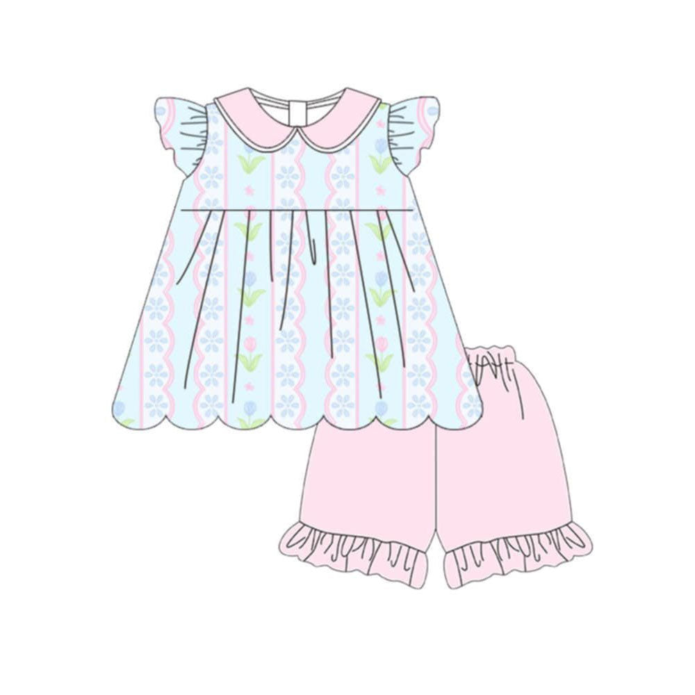 GSSO3490 Preorder Baby Girl Flowers Stripe Tunic Ruffle Short Clothes Sets