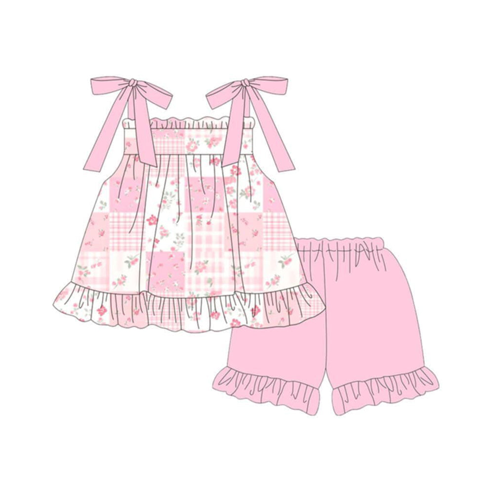 GSSO3491 Preorder Baby Girl Pink Flowers Checked Tunic Ruffle Short Clothes Sets