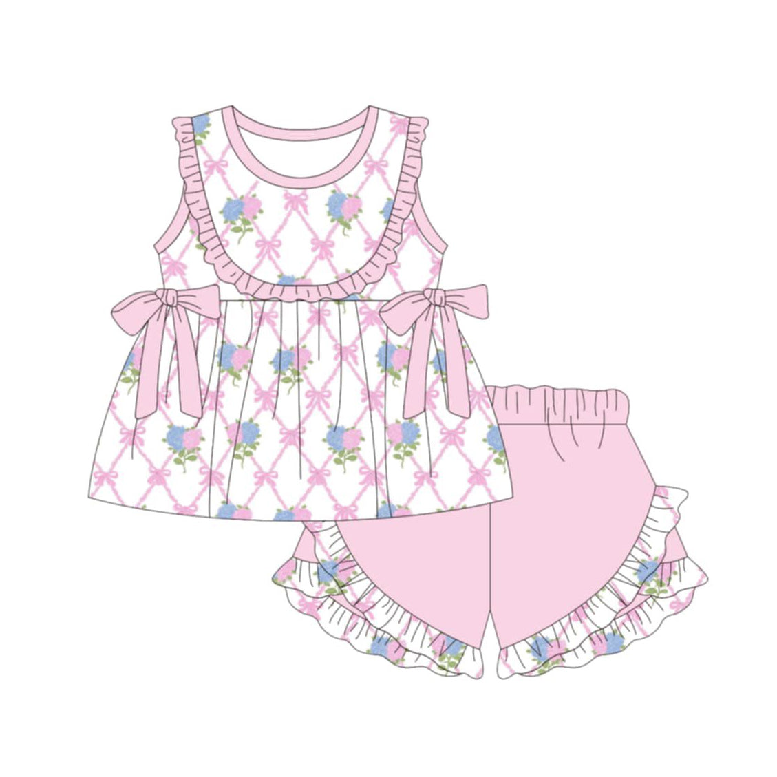 GSSO3492 Preorder Baby Girl Flowers Bows Checked Tunic Ruffle Short Clothes Sets