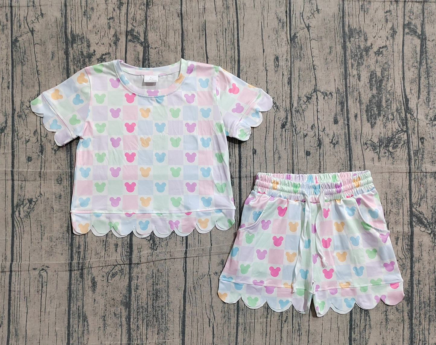 GSSO3496 Preorder Sample Baby Girl Scallop Cartoon Mouses Checked Top Short Clothes Sets