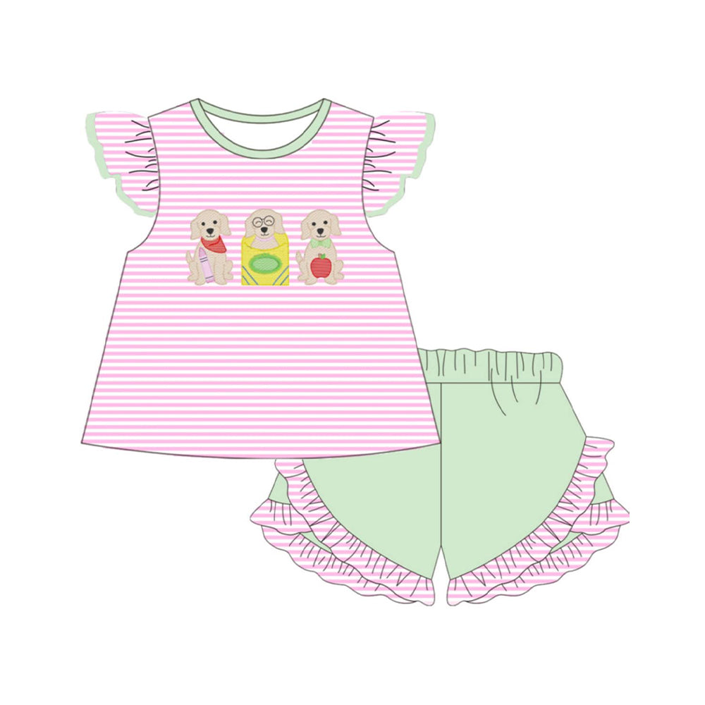 GSSO3498 Preorder Baby Girl Apple Pencil Dogs Stripe Tunic Ruffle Short Back to School Clothes Sets