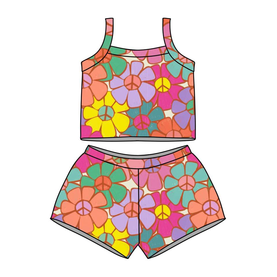 GSSO3507 Preorder Baby Girls Strap Colorful Flowers Vests Top Short Clothes Sets