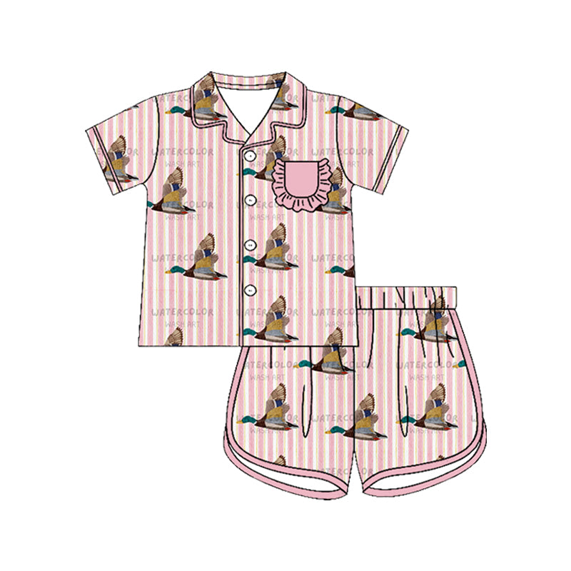 GSSO3511 Preorder Baby Girls Pink Stripe Ducks Button Pocket Top Short Hunting Pajamas Sets