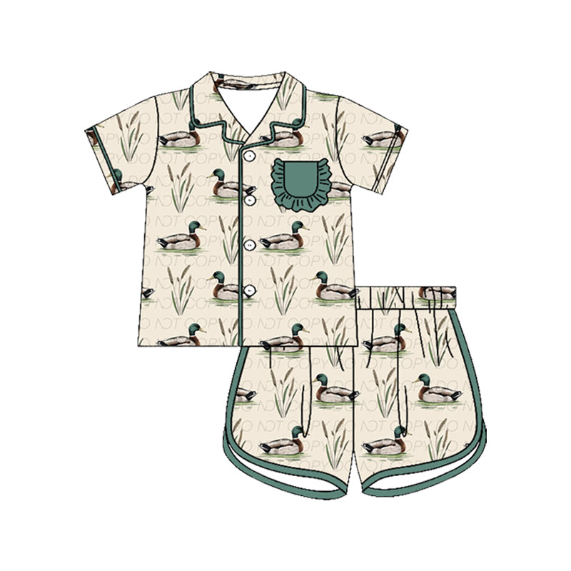 GSSO3512 Preorder Baby Girls Green Ducks Button Pocket Top Short Hunting Pajamas Sets