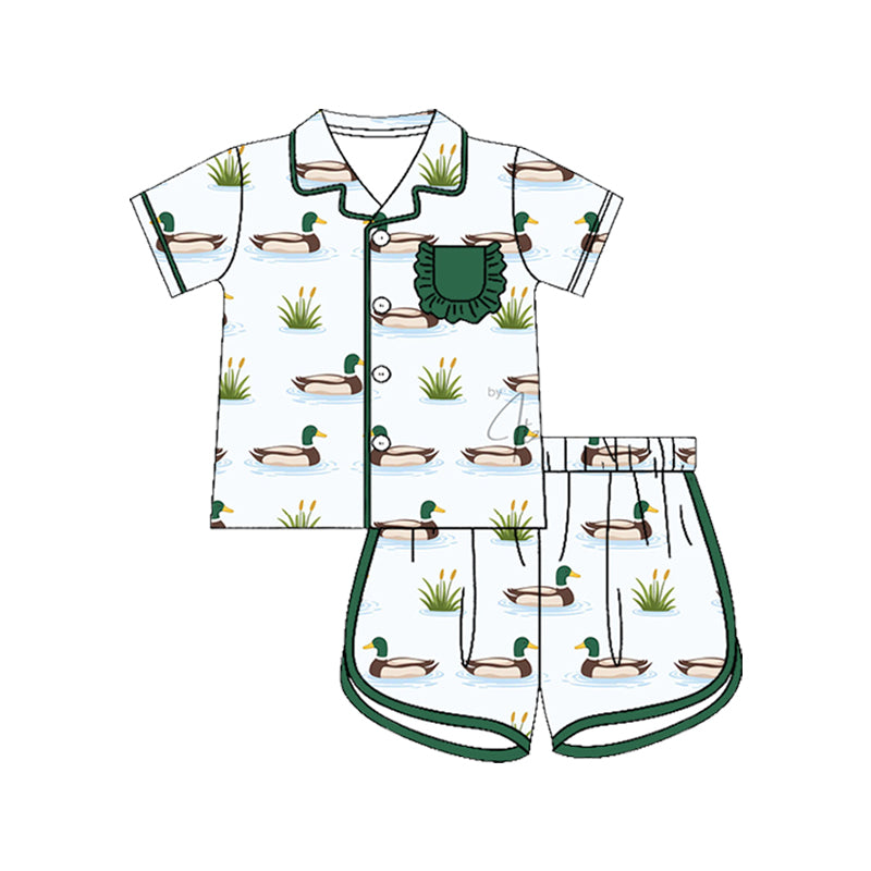 GSSO3513 Preorder Baby Girls Green Ducks Button Pocket Top Short Hunting Pajamas Sets